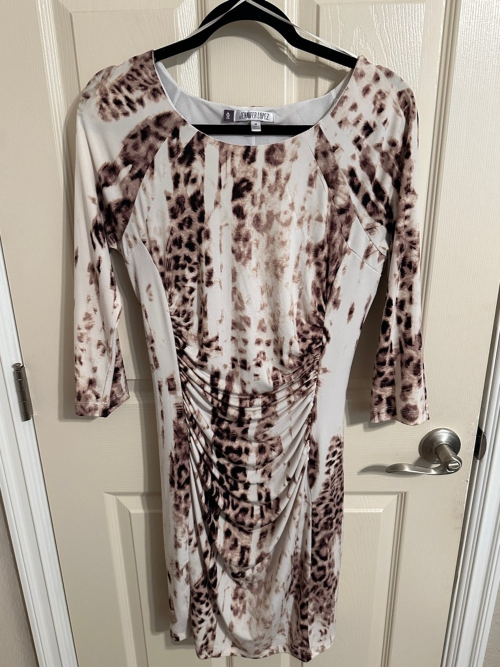 Jennifer Lopez Ruched Leopard Print 3/4 Sleeve Midi Dress, Cream W Brown, Sz M